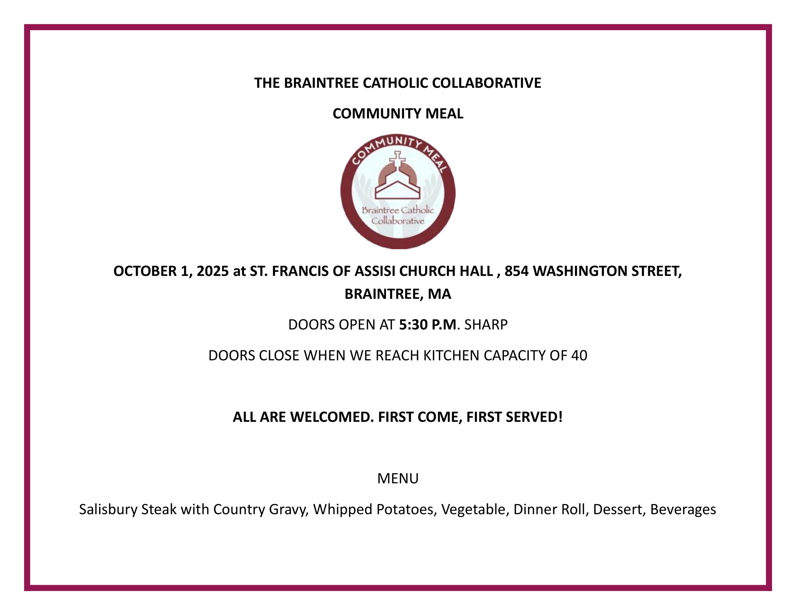 Braintree Catholic Collaborative Free Community Meal Graphic