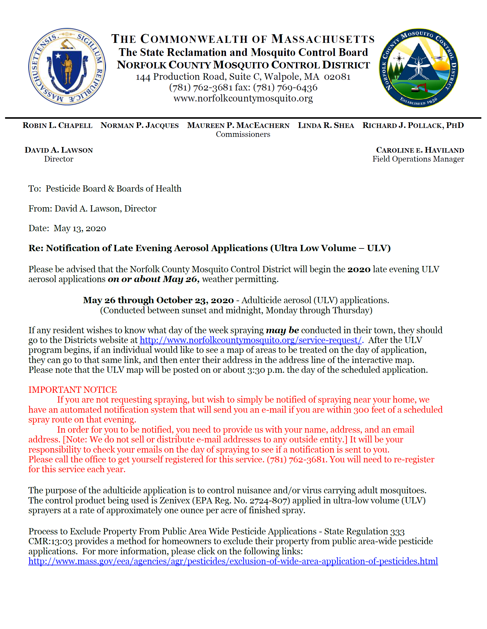 Norfolk County Mosquito Spraying